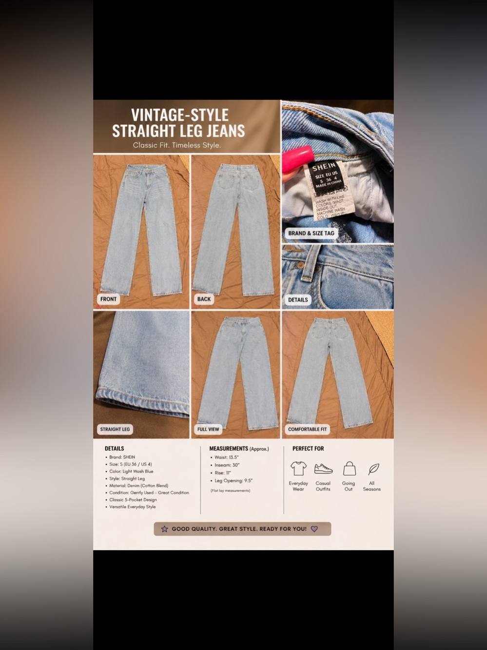 SHEIN Light Blue Vintage-Style Straight Leg Jeans